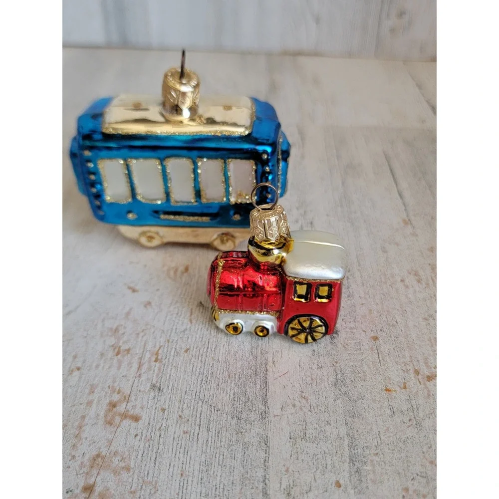 Poland train caboose front cart set vintage glass ornament Xmas glitter